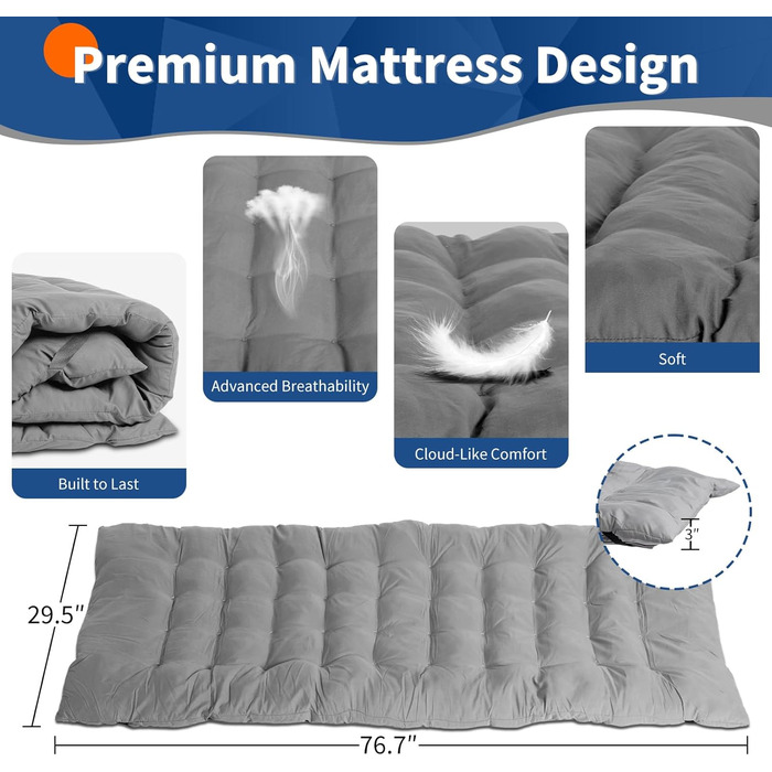 Ліжко складане кемпінгове LEADZM з матрацом, сталевий каркас 190x71x36 см, сіре - для дому, природи, подорожей