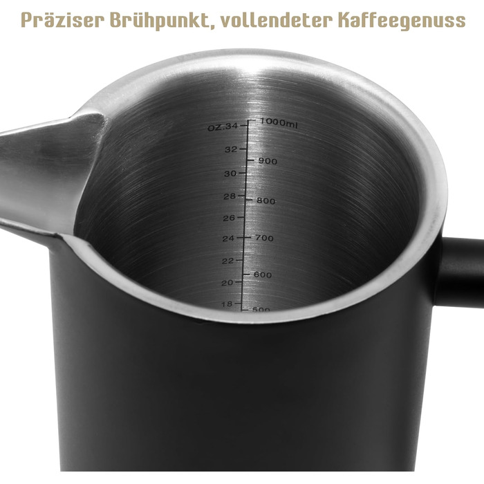 Набір для приготування кави френч-прес, термоізольований, з пітчером для спінювання молока, нержавіюча сталь (чорний, 1 літр)
