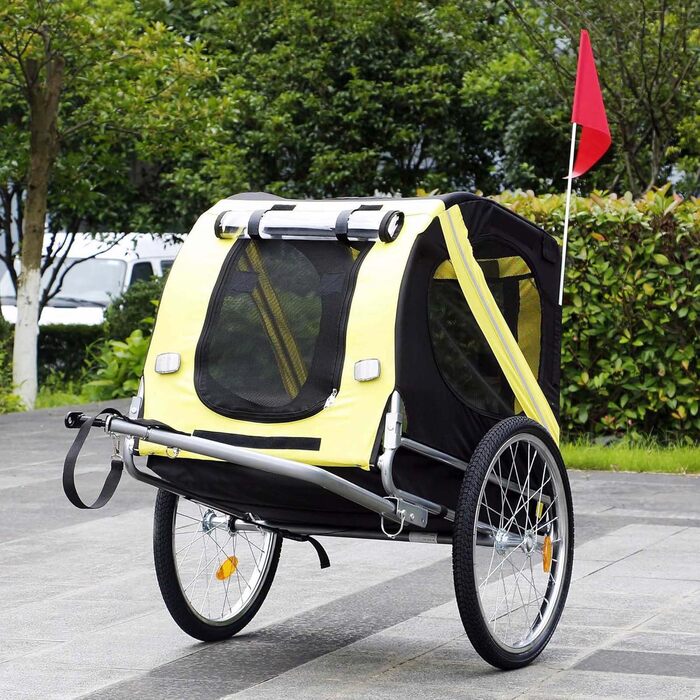 Причіп для собак Wiltec 220x700x78 см з безпечною муфтою, причіп для вантажів з москітною сіткою та захистом від дощу (чорний / жовтий)