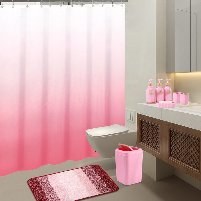 Набір аксесуарів для ванної кімнати, 17 предметів: смітник, диспенсери для мила/лосьйону (3 шт.), тримач для зубних щіток, мильниця, стакан, 6 дерев'яних гачків, піднос для ванної кімнати (Рожевий 1). Комплект для ванної + штора для душу + килимок для ван