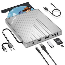 Зовнішній CD/DVD привід USB 3.0 Type-C з картридером SD/TF, портативний RW-записувач для ноутбука, ПК, MacBook (Windows, macOS, Linux), сірий