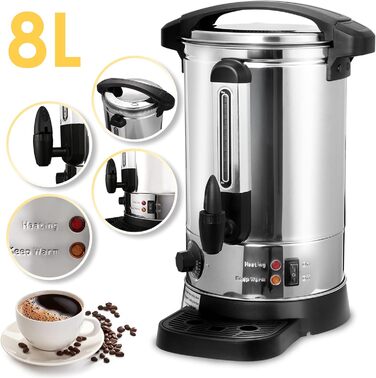 8L Mulled Wine Warmer - Stainless Steel Mulled Wine Pot with Drip Tray, Tap, and Temperature Setting (30-110°C) - Mulled Wine Dispenser / Hot Beverage Dispenser