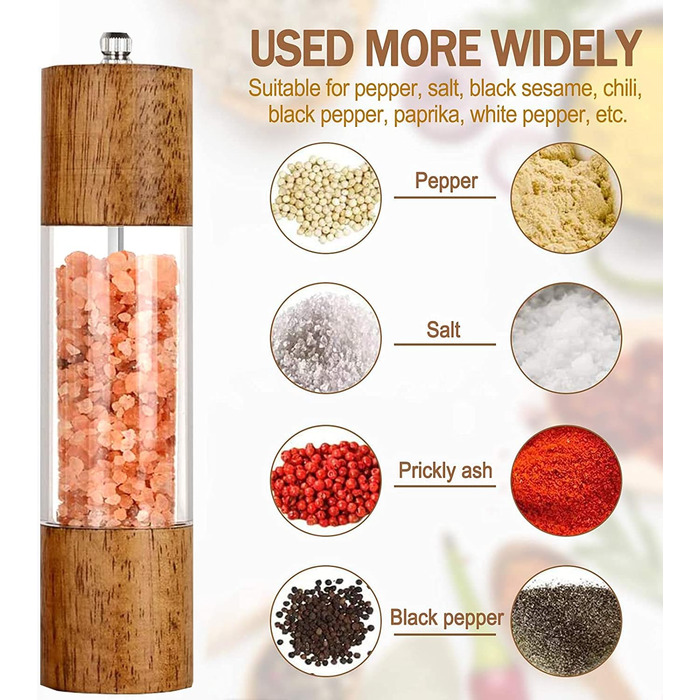 Salt and Pepper Grinder Set of 2 with Coasters, Manual Pepper Grinder, Wooden Salt Grinder, Adjustable Ceramic Grinder for Spices, Pepper, Salt, Height: 21.5 cm