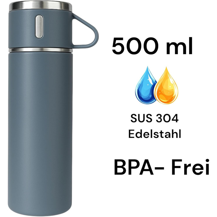 Термофляга 500 мл з нержавіючої сталі – 2 чашки з ручкою – не протікає, BPA-free – з щіткою для чищення – сірий колір
