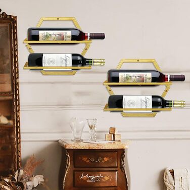Metal Wall Mounted Wine Holder Stemware Glass Rack, 2Pcs Hanging Glass Wine Rack Wall Mount Red Wine Rack Organizer with 3 Stem Glass Holders for Home Kitchen Bar Display Decor (Gold Bb)