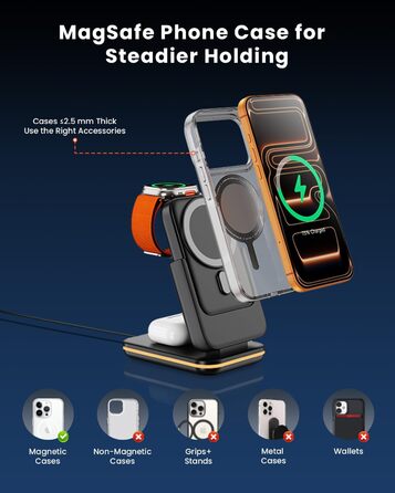 GEEKERA 3-в-1 Магнітна бездротова зарядка Powerbank 5000mAh: для iPhone 12-17, Apple Watch, AirPods, Samsung Galaxy - Чорний
