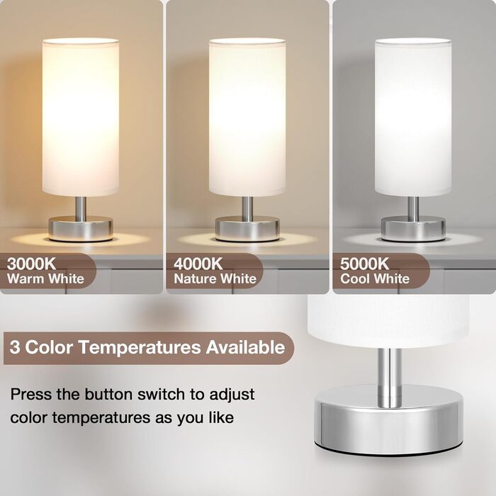 Нічна лампа Kakanuo з 3 колірними температурами, біла торшер з вимикачем, льняний абажур, маленька лампа для вітальні, спальні, офісу, дитячої кімнати (LED лампа в комплекті), біло-чорний колір (білий+срібний)