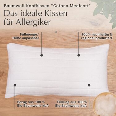 allnatura Cotton Pillow Cotona-Medicott 40x80 cm Test Winner - 100% Organic Cotton ideal for allergy sufferers - Suitable for side and back sleepers - Adjustable height & machine-washable cover - Made in Germany… 40 x 80cm cotton pillow