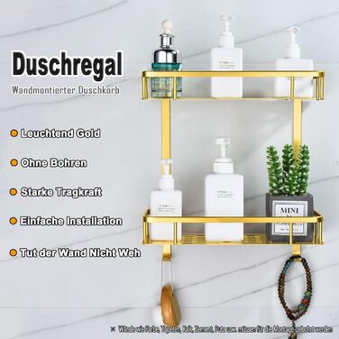 Maifey Shower Shelf Gold, Shower Caddy No Drilling Bathroom Shelf Made of Metal Wall Shelf Shower Basket, Stainless Steel, Adhesive Installation (2 Tier, Light Gold)