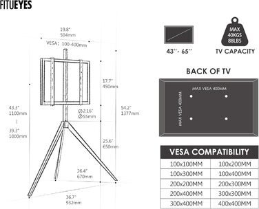 Підставка для телевізора FITUEYES 43-65 дюймів, настільна, регульована висота, чорна