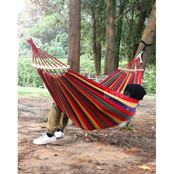 Гамак садовий ANYOO з дерев'яною перекладиною, червоний - зручний гамак для тераси, саду, пляжу