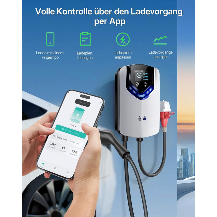 Wallbox 11 кВт з APP та RFID – Зарядний пристрій для електромобілів Typ 2 400V, 6-16A, кабель 8м з тримачем, RCD Typ B, IP54, програмування часу – для BEV/PHEV