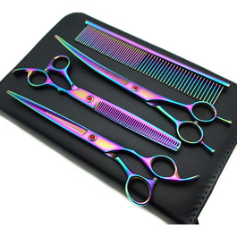 Набір професійних ножиць для грумінгу Kingstar A563, титанове покриття, прямі та вигнуті ножиці, гребінець, догляд за собаками, 20.3 см (8 дюймів), райдужний колір, 3-частинний набір
