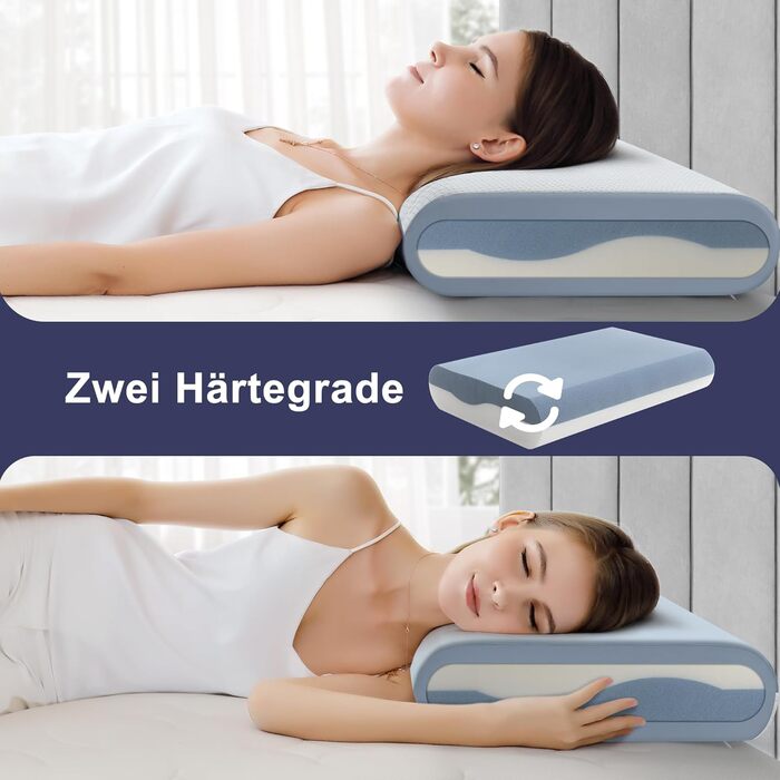 BedStory Pillow, Gel Memory Foam Pillow, Orthopedic Pillow, Visco Pillow, Neck Support Pillow with 2 Firmness Levels, Ergonomic Pillow with Washable Cover, 40x60x11cm, blue 40x60x11cm Blue