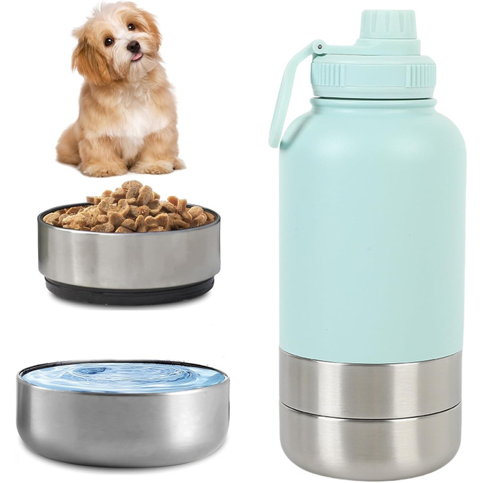 Поїлка для собак на ходу 950 мл – ізольована поїлка з нержавіючої сталі з мисками для їжі та води, портативна, BPA-free для подорожей, прогулянок та активного відпочинку (Світло-блакитний, L)
