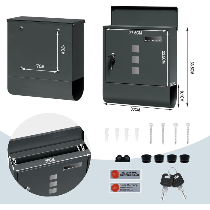 Поштовий ящик WOLTU з газетницею та вікном для імені, замиканий, 2 ключі, антрацит, 30.5x33.5x9 см