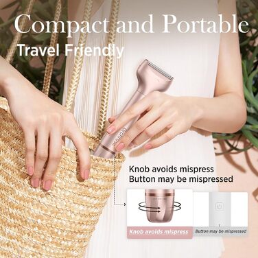 Електричний жіночий епілятор для тіла: безболісний пристрій для бікіні, обличчя, ніг, під пахвами – портативний для подорожей (рожеве золото)