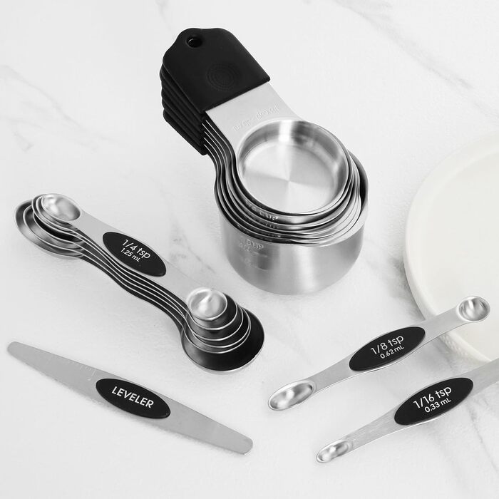 Magnetic Measuring Cup and Spoon Set with Strong Magnets, Durable Stainless Steel Measuring Cup and Spoon Set, Fits Most Kitchen Spice Jars for Baking and Cooking, 15-Piece Set with