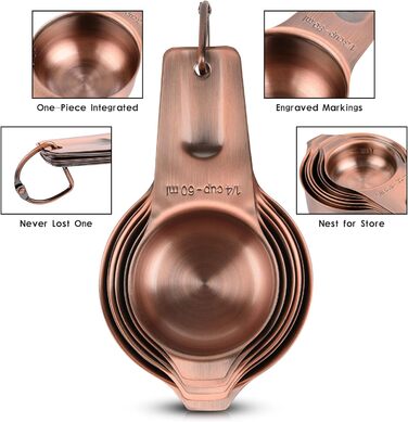 Zoyizi Copper Measuring Cup and Spoon Set, 17, 7 Stainless Steel Measuring Cups and 9 Long Narrow Measuring Spoons for Spice Jars and Levelers, Kitchen, Metric and US Measuring Cups, Spoons for Dry and
