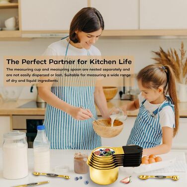 Magnetic Measuring Cup and Spoon Set, including 7 gold-colored stainless steel measuring cups and 8 magnetic gold measuring spoons with 1 leveler for cooking and baking