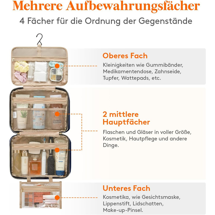 Сумка для косметики та туалетних аксесуарів Lifewit для подорожей, велика органайзер з гачком, прозора кишеня для гігієнічних засобів, темно-синій, L