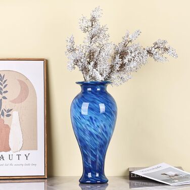 Велика скляна ваза 50,8 см, ручної роботи, для дому та декору, сучасний дизайн (Блакитна)