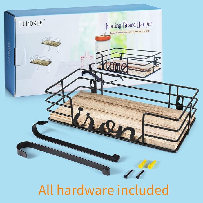 Настінна підставка для праски та прасувальної дошки TJ.Moree, металева з кошиком та дерев'яною дощечкою, чорна