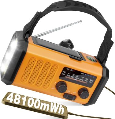 Радіо з сонячною панеллю та ручкою 48100 мВт/год, 13000 мАг, AM/FM, з ліхтарем 700 лм, SOS-сигналом, водонепроникне IPX4, для кемпінгу та надзвичайних ситуацій (Помаранчевий)