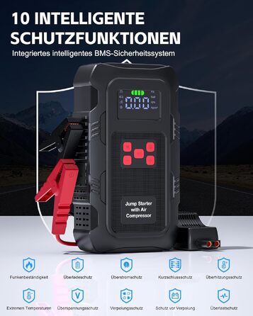 Пусковий пристрій Povasee Jump Starter 9000A з компресором 150 PSI та павербанком, автомобільний бустер 12V для бензинових та дизельних авто, з ліхтарем (Чорно-червоний)