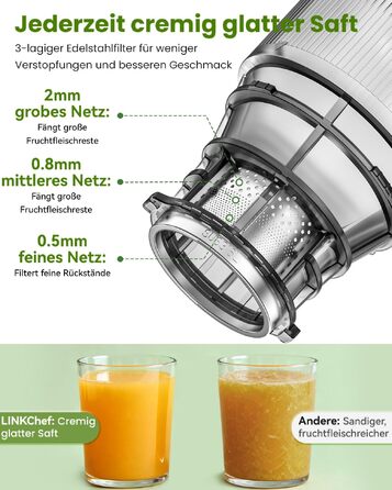 Шнекова соковижималка LINKChef Slow Juicer, 250Вт, для цілих овочів та фруктів, широкий отвір 130мм, чаша 1.8л, з функцією реверсу, без BPA