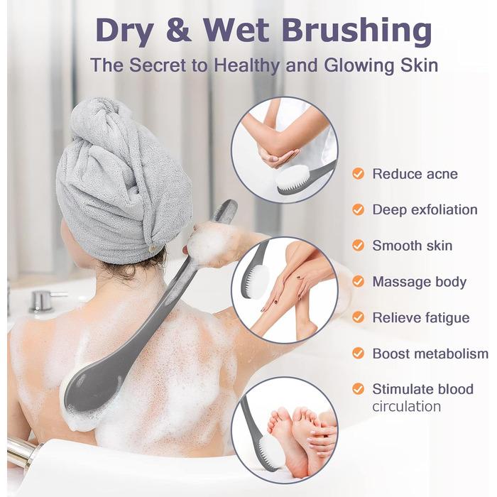 Масажна щітка для спини, щітка для душу, скрубер для тіла з довгим руків'ям для пілінгу та масажу, покращує кровообіг (Чорний PE)