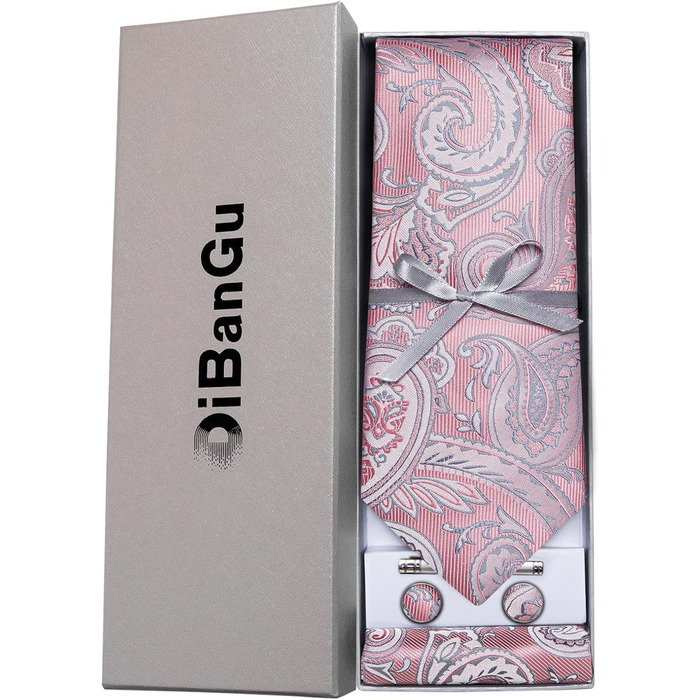 Набір аксесуарів для чоловіків DiBanGu: краватка, хустинка, запонки, затискач для краватки (шовкова павальовка, рожевий)