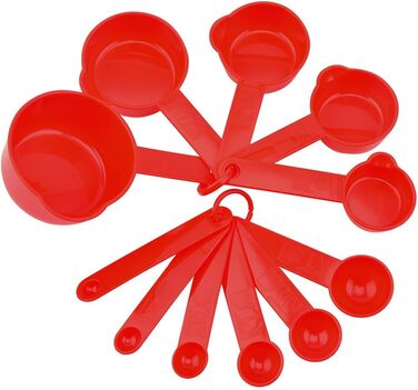 Measuring cup and spoon set, 11-piece plastic measuring cup and spoon set for dry and liquid ingredients, 5 measuring cups and 6 measuring spoon set for children for cooking and baking, color: red