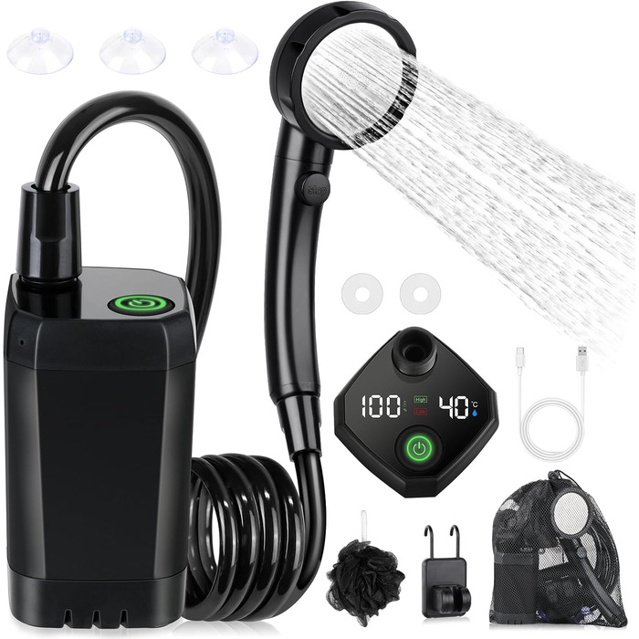 Spopal Camping Shower Portable, [6000mAh] Camping Shower with Pump and Temperature Indicator, Camping Shower Outdoor Set with Shower Head and 2M Hose for Garden, Car Washing, Beach, Travel, Pet (Black)