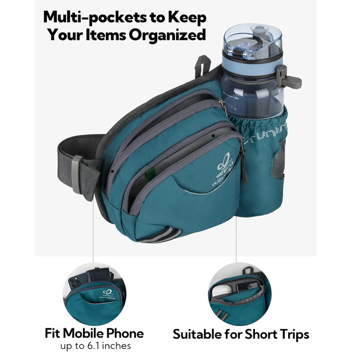 Спортивна поясна сумка Waterfly з тримачем для пляшки, для жінок та чоловіків, дихаюча, для бігу, велоспорту, кемпінгу, подорожей, хандінгу (Турквіс)