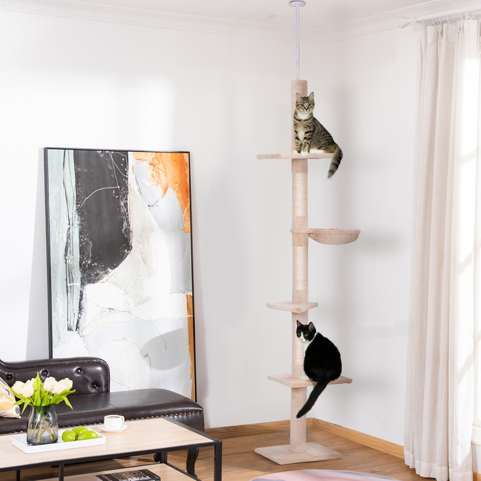 PawHut Cat Tree, Ceiling-High, H230-260 cm, Adjustable Height Climbing Tree for Cats, Stable, Beige | Aosom