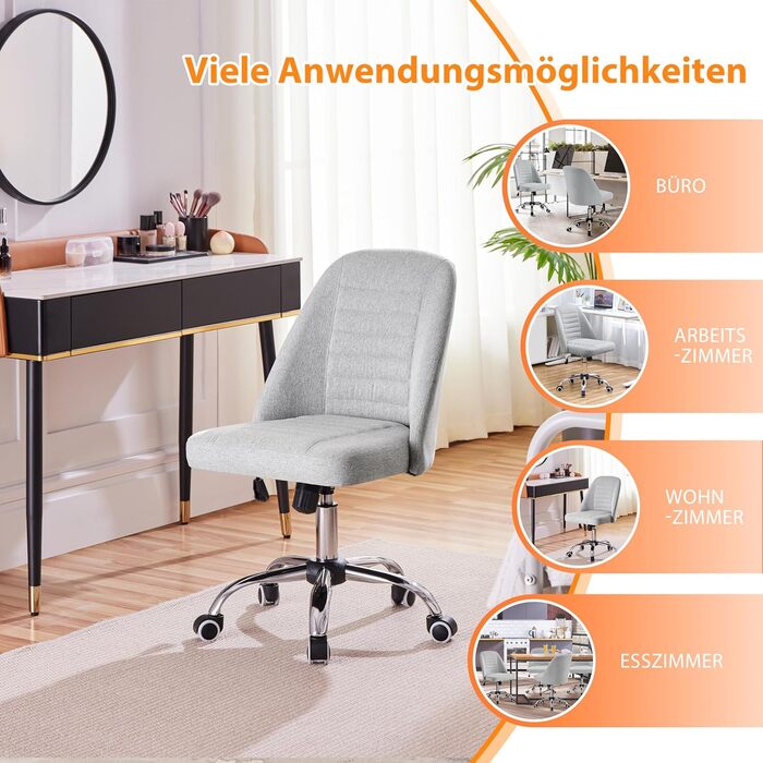 Офісне крісло Yaheetech без підлокітників, обертове з роликами, регульоване по висоті, для роботи та макіяжу (сірий, тканина)