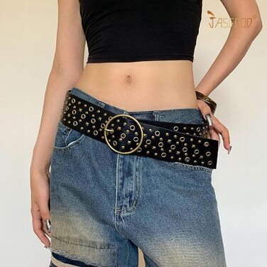 Жіночий широкий пояс JasGood з прорізними заклепками та круглою застібкою, пояс з заклепками, пояс для талії, для джинсів, штанів, суконь, чорний, розмір S (об'єм талії до 88 см)