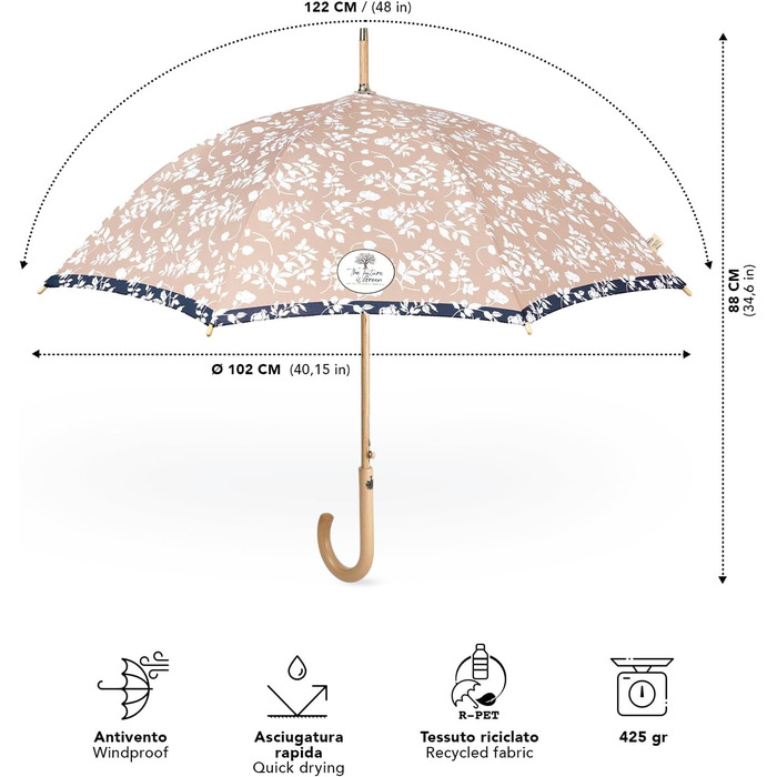 Perletti Green Eco Women's Umbrella - Large Automatic Rain Umbrella with Recycled Materials & Floral Design (102cm Diameter)