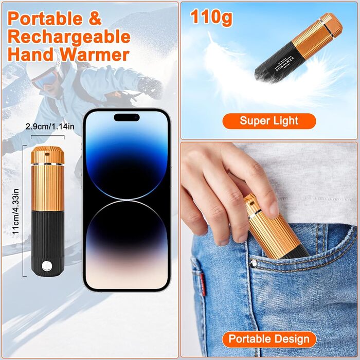 Електричний підігрівач для рук, багаторазовий, 2 шт., 10000mAh, USB, магнітний дизайн, для зими, подарунок, Outdoor, кемпінг (Чорний-Помаранчевий)