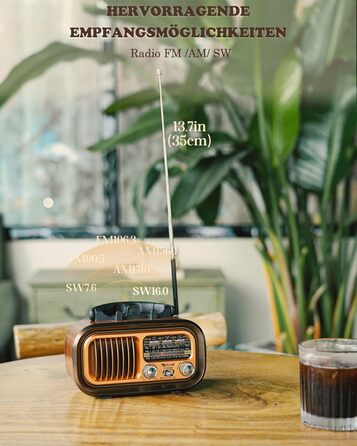 Ретро Радіо Klein з Bluetooth: портативне AM/FM/SW радіо з сонячною панеллю, USB/TF-карта, 1200mAh, золотий колір