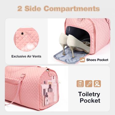 Чемодан-мішок 2 в 1 для жінок, великий складний дорожній мішок Weekender з 6 органайзерами для одягу та відділенням для взуття, спортивна сумка для подорожей, ручна поклажа, чорний (2.рожевий, 50 л)