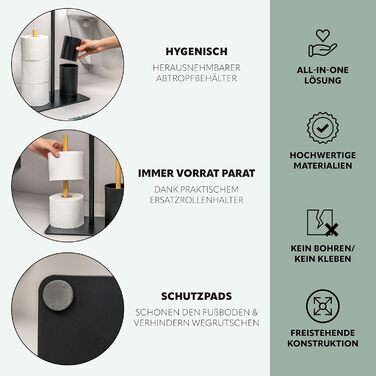 Набір для туалету Eluno Stand-WC 4в1: щітка, тримач туалетного паперу, полиця, бамбук/метал (білий/чорний)