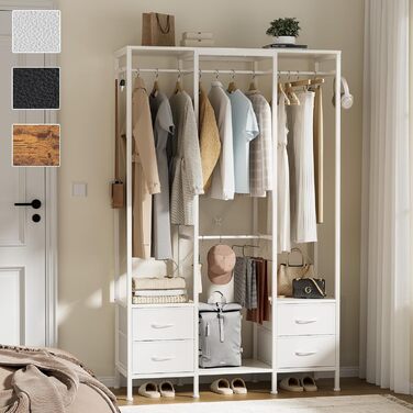 Відкрита шафа для одягу з вішалкою та 4 шухлядами, біла. Підходить для спальні, вітальні, передпокою. Стабільна та міцна.