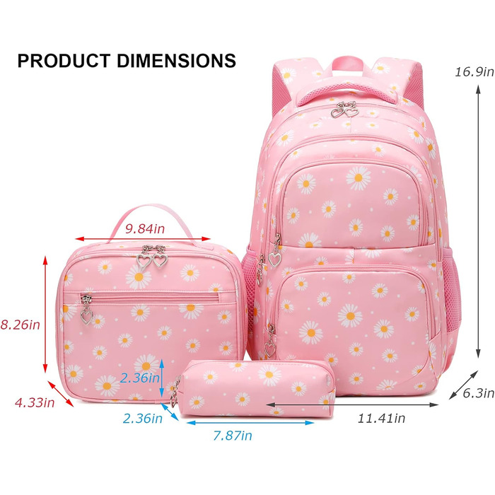 Шкільний рюкзак SIVENKE для дівчаток-підлітків та жінок. Набір: рюкзак, ланч-бокс, пенал. Квітка, рожевий колір. Для школи та відпочинку