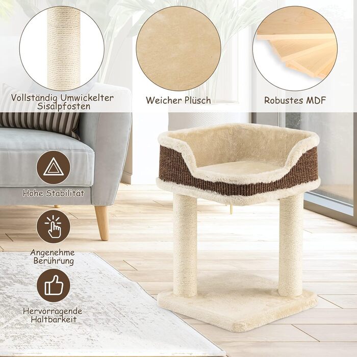 COSTWAY Cat Tree Small, Cat Tree with Large Plush Seat, Wooden Cat Scratching Post, Cat Furniture Climbing Tree, Activity Tree Play Tree, Natural Sisal Tower with Scratching Posts (Beige)