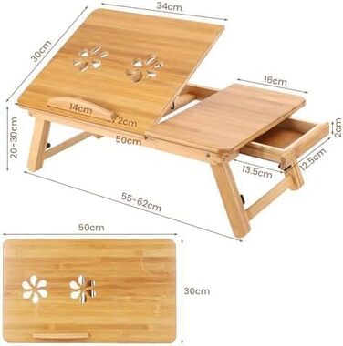 Стіл для ноутбука з бамбука, 50x30 см – регульований столик для ноутбука з вентиляційними отворами, ящиком та складними ніжками для роботи, читання або сніданку