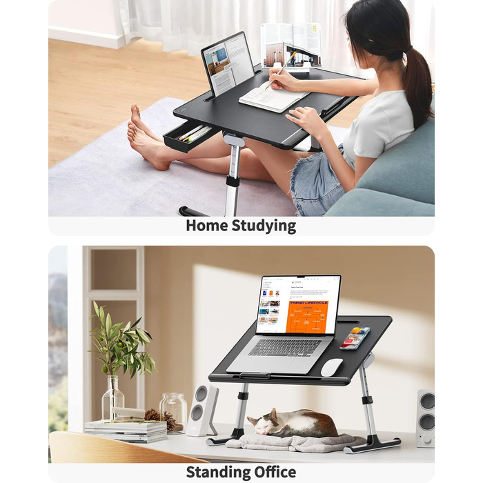 Столик для ноутбука SAIJI 60x45 см з регульованою висотою, з підставкою для книг, ящиком та кріпленням для планшета. Чорний.