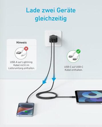 Зарядний пристрій Anker 20W USB-C, адаптер живлення для iPad, швидка зарядка, сумісний з iPhone 17/16/15, кабель USB-C (150см), чорний