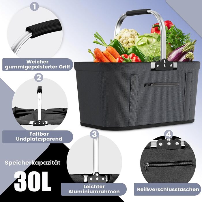 Складаний кошик для покупок на 30 літрів з 4 стійкими ніжками | Міцний кошик для перенесення та пікніків | Великий сімейний кошик (46x27x25 см) | З м'якими ручками | Для покупок, подорожей, кемпінгу (30л, сірий)